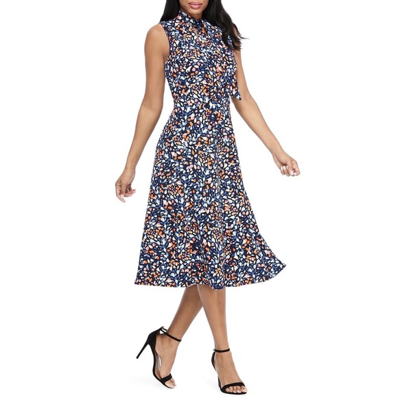 maggy london tie neck midi dress